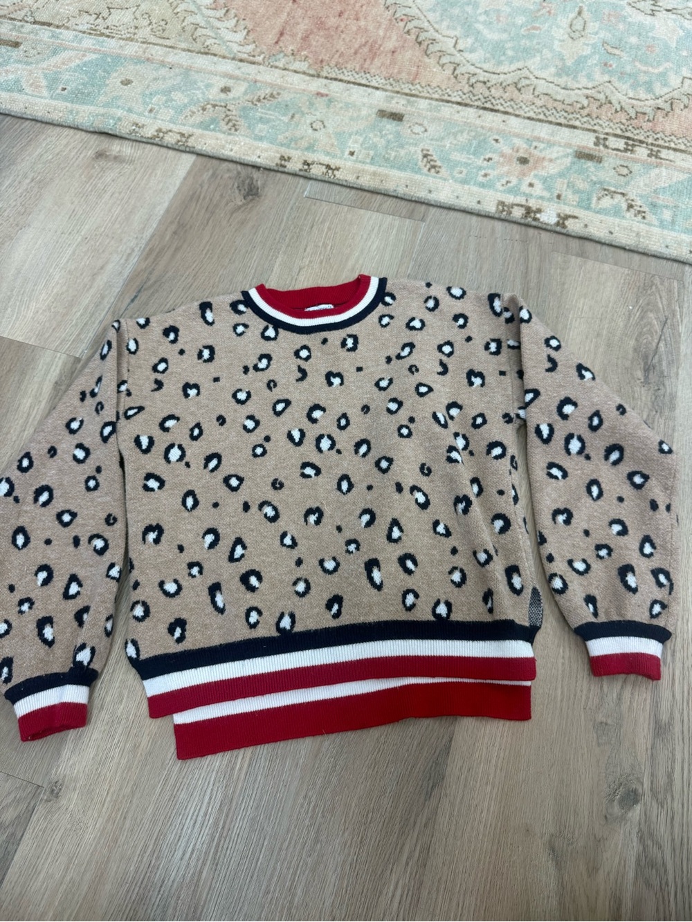 Mayoral Kids Leopard Print Pullover Sweater with Red Trim
